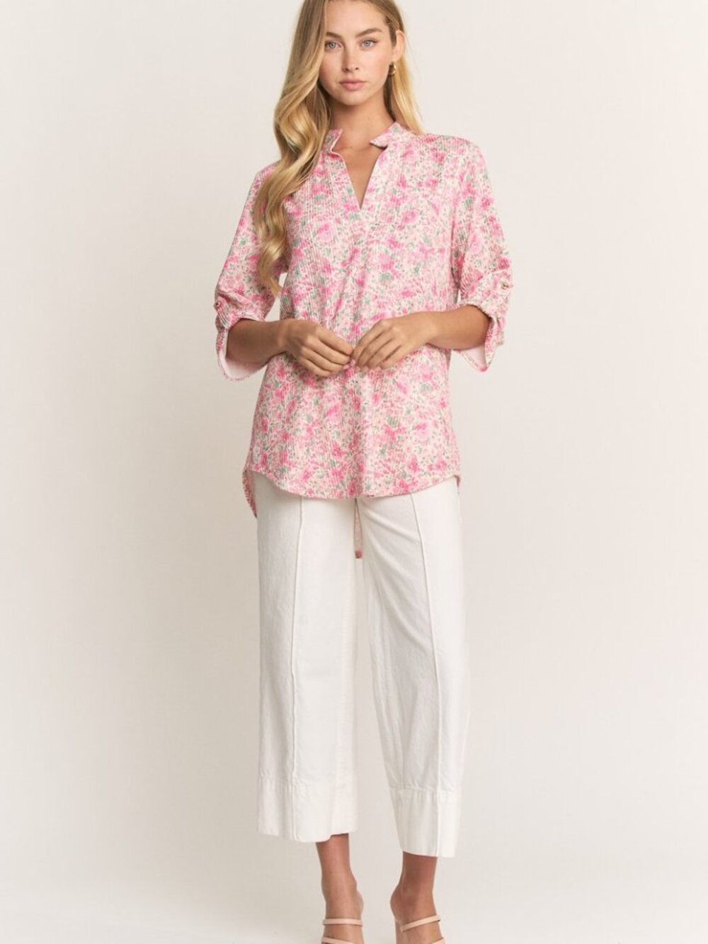 B58 Mandarin Collar Floral Top in Pink NEW